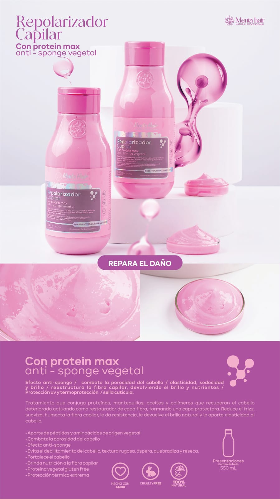 Repolarizador Capilar con Protein max Anti sponge vegetal X550ml